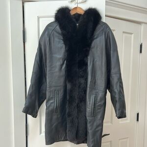 Saga Furs Black Leather Jacket with Luxurious Fox Fur Trim